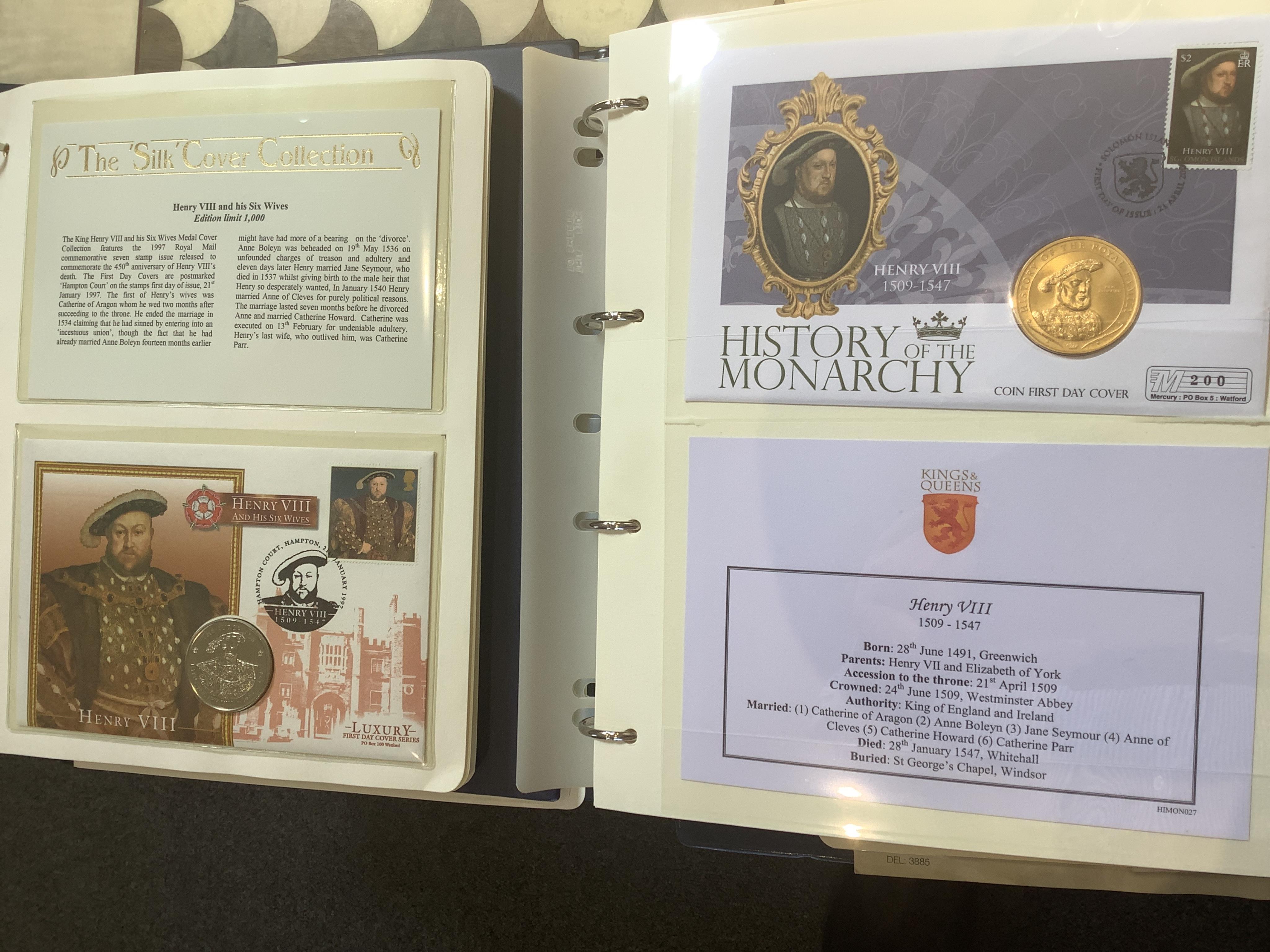 Westminster Stamps Collection, History of the Monarchy, Silk Cover Collection, first day cover and coin cover collection, three albums